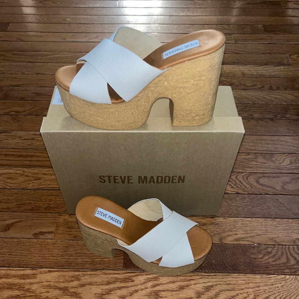 Steve Madden Saffron Cork Platform Leather Sandals Bone White & Tan Women’s 9